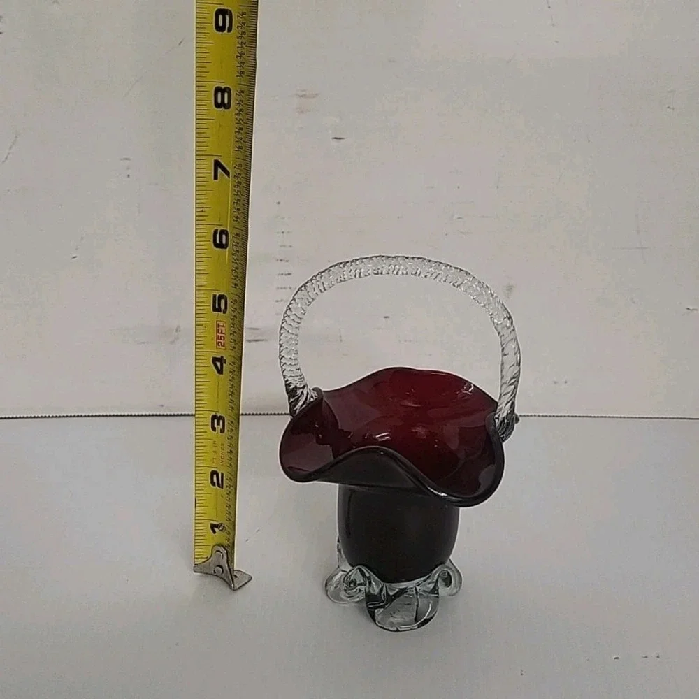 Vintage Dark Purple Glass Basket w/Wavy Edge‎ and Clear Glass Rope Handle